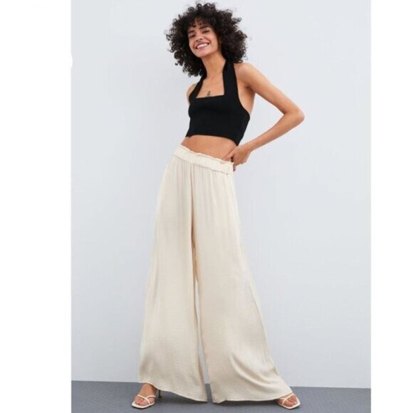 Zara Wide Leg Pants Flowy Palazzo Tan Pants Size Medium Large - Picture 1 of 13